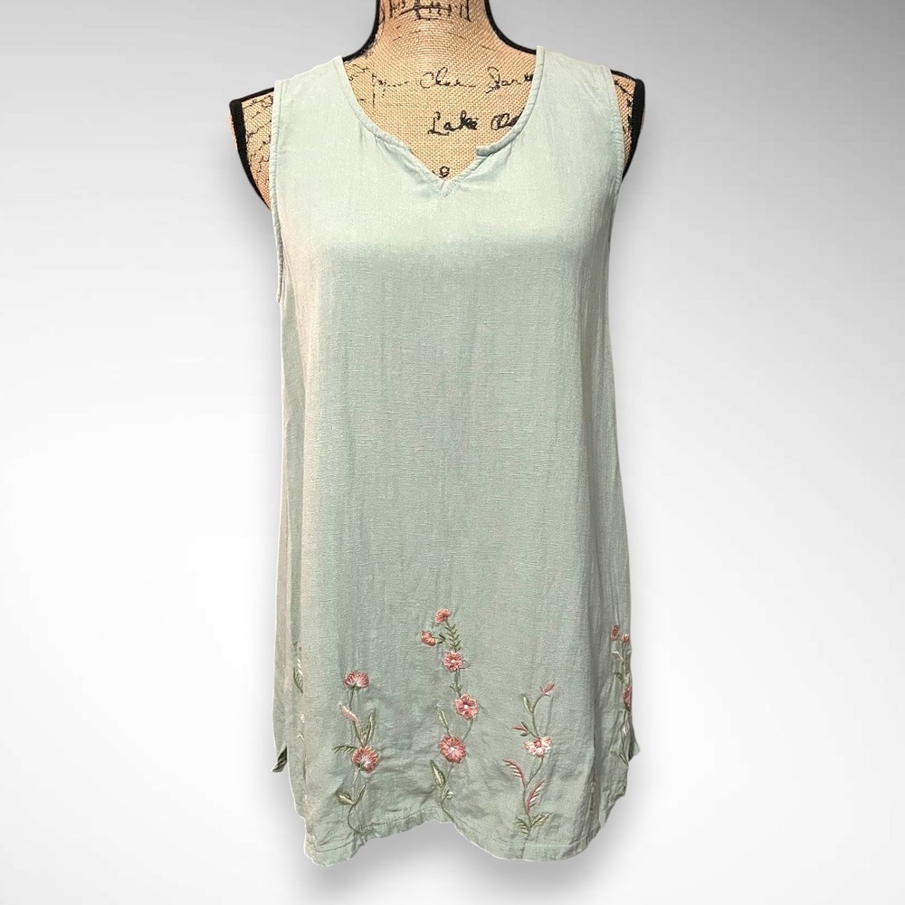 APRIL CORNELL Light Green and Pink Embroidered Floral Sleeveless Tunic‎ XS | EUC